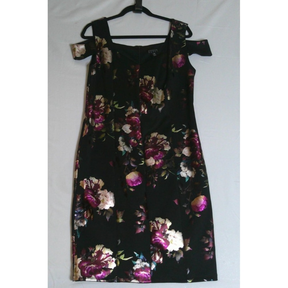En Focus Women 14W Sheath Dress Black Floral Cold Shoulder NEW
